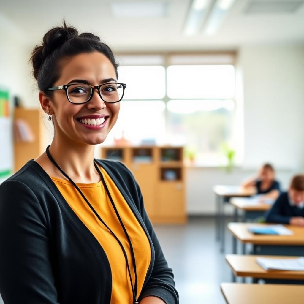 A welcoming UK secondary school teacher smiling in a bright modern classroom